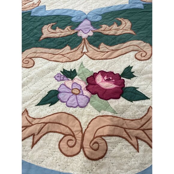 vintage hand-stitched applique quilt floral Garland Roses pattern scalloped edge - Picture 3 of 8